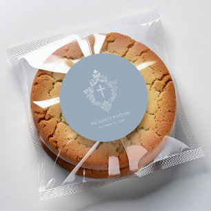 Doopjongen Stof Blauw Vintage Zilveren Wapen Kruis Ronde Sticker