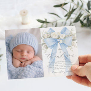 Doopkaart voor babyjongen met bloemen en foto dank kaart