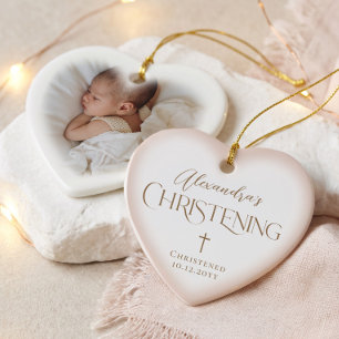 Doopkruis voor meisje Roze Hart Foto Keramisch Ornament