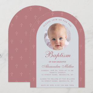 Doopmeisje foto moderne arch dusty rose script kaart