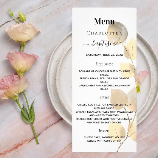 Doopmenu wit gouden eucalyptus reclamekaart