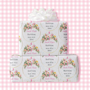 Doopnaam Datum Pink Floral Spray Cadeaupapier