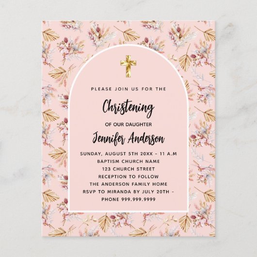 Dooppampas florals roos begrotingsuitnodiging flyer (Voorkant)