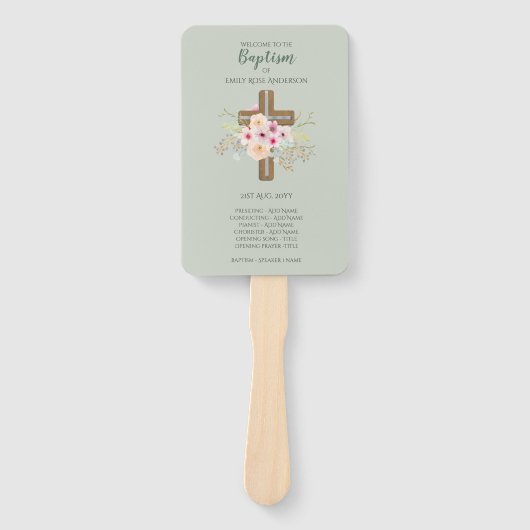 Doopprogramma Fan - Bloemkruis Sage Handwaaier (Voorkant)