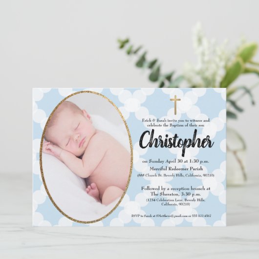 Doopsel Doopuitnodiging blauw & goud Kaart (Staand voorkant)