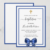 Doopsel jongen koninklijk blauw witte boog script kaart (Voorkant / Achterkant)