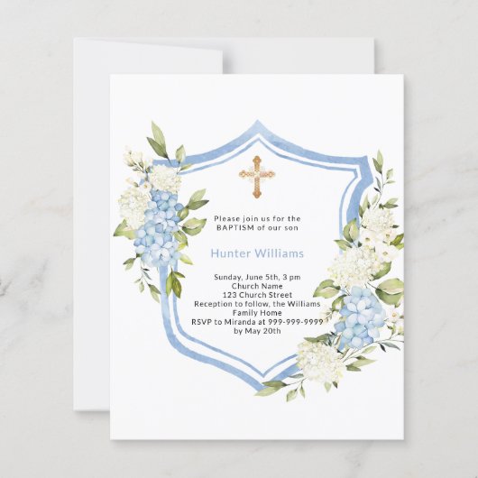Doopsel Kam Blauwe Bloemen Jongen Uitnodiging (Voorkant)