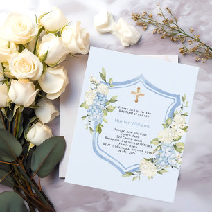 Doopsel kam blauwe bloemen jongen uitnodiging