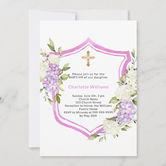 Doopsel kam roze paarse bloemen meisje kaart (Voorkant)