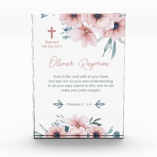 Doopsel Meisje  Roze Bloemen Fotoblokken (Voorkant)