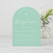 Doopsel Mint Arch Modern Handschrift & Cross Green Kaart (Staand voorkant)