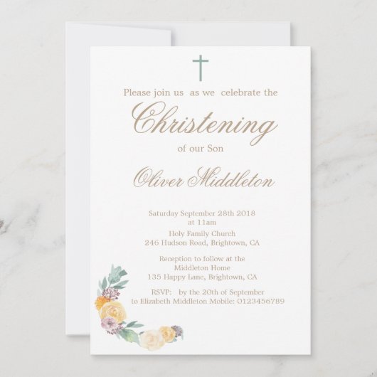 Doopsel of Doop Bloemen Groene Uitnodiging (Voorkant)