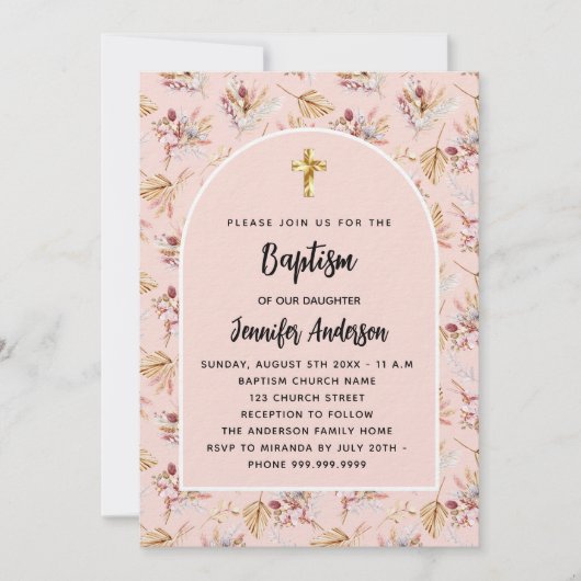 Doopsel pampas bloemetjes roos goudroze luxe kaart (Voorkant)