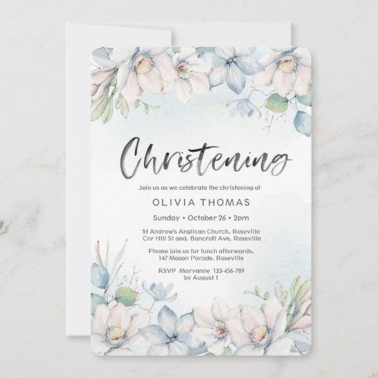 doopuitnodiging | Blauwe winterbloemen Kaart (Voorkant)