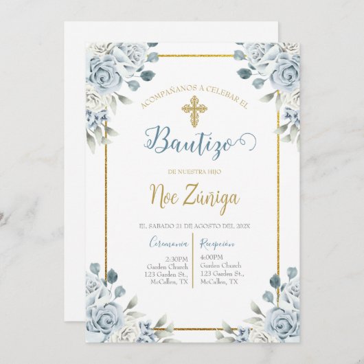 Doopuitnodiging voor jongen, uitnodiging de bautis (Voorkant / Achterkant)