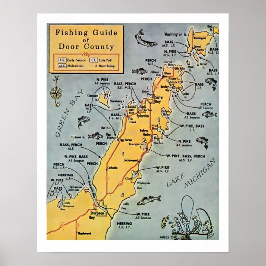 "Door County Vissen 16x20 Kaart Print (Voorkant)