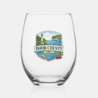 Door County, WI Vuurtoren en Lake MichiganMagneet Wijnglas Zonder Voet