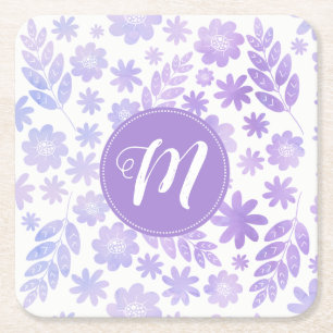 Door de hand getekende Floral Pattern & Monogram Vierkante Kartonnen Onderzetter