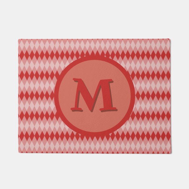 Doormat - Argyle Pattern in Red met Monogram Deurmat (Voorkant)