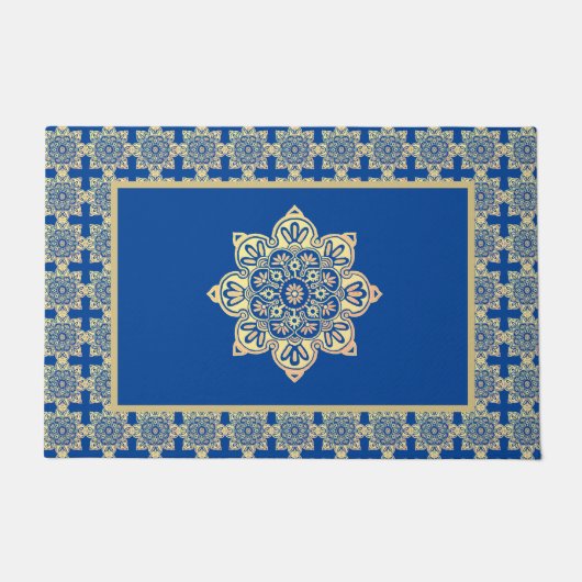 Doormat met blauw en goudmedaillon deurmat (Voorkant)