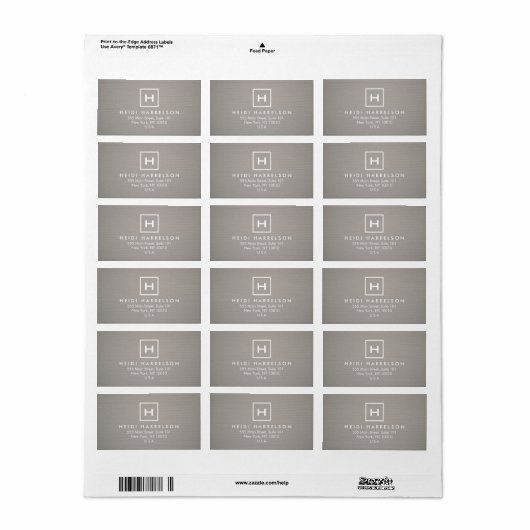 DOOS LOGO met UW INITIAAL/MONOGRAM op GRAY LINEN Etiket (Full Sheet)