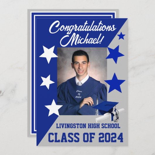 Dop en sterren 5x7 Koningsblauw en grijs afstudere Kaart (Voorkant / Achterkant)