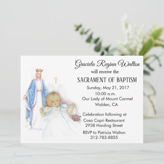 Dopen Baby Meisje Maagd Maria Uitnodiging (Staand voorkant)