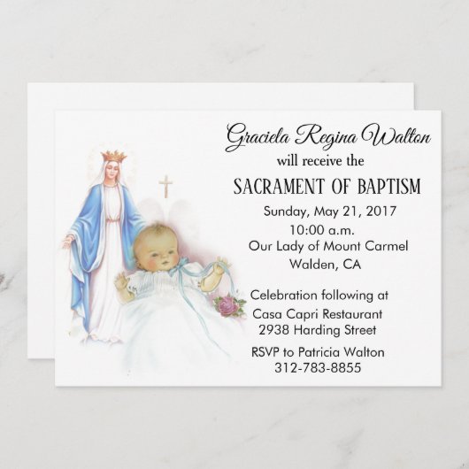 Dopen Baby Meisje Maagd Maria Uitnodiging (Voorkant / Achterkant)