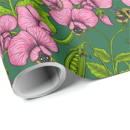 Doperwten en hommels, groen en roze cadeaupapier (Rol Hoek)