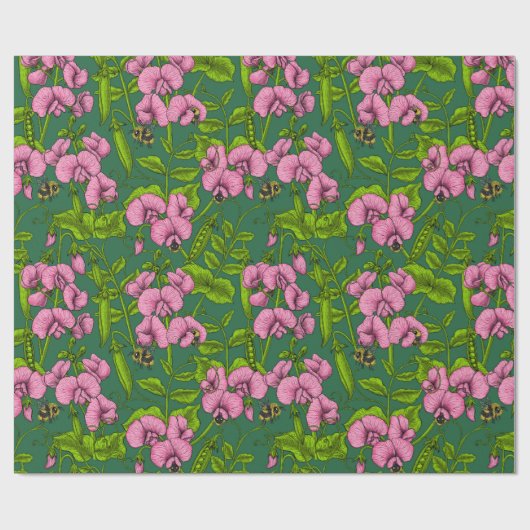 Doperwten en hommels, groen en roze cadeaupapier (Vlak)