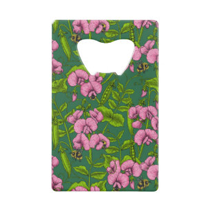 Doperwten en hommels, groen en roze kredietkaart flessenopener