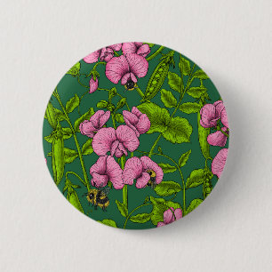 Doperwten en hommels, groen en roze ronde button 5,7 cm