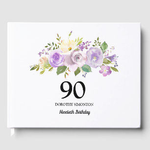 D'or 90e Anniversaire Fête Purple Floral Livre d'invité
