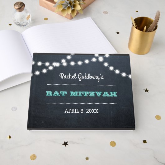 D'or Chalkboard Lights Turquoise Bat mitzvah livre d'hô (Recto ouvert)