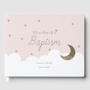 D'or Crescent Moon & Étoiles Rose Girl Baptême Livre d'