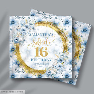 D'or Élégant Dusty Blue Floral Gold Sweet 16 livre d'hô