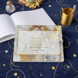 D'or Élégant livre d'hôtes Mariage en marbre blanc et o