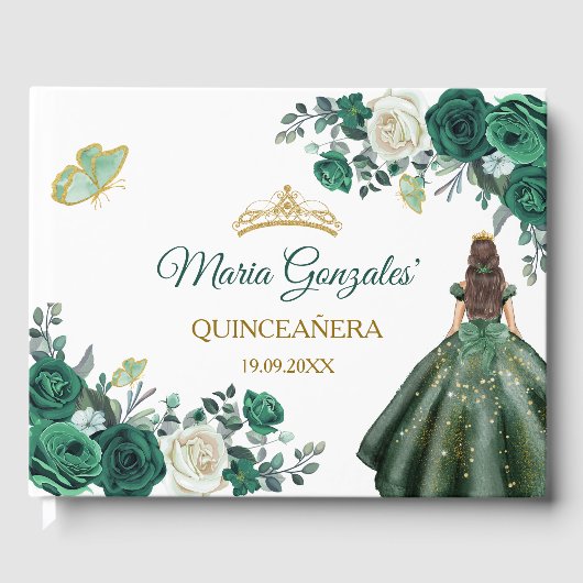D'or Emerald Green Quinceañera Floral Livre d'invité (Recto)
