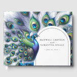 D'or Livre d'hôtes mariage Majestic Peacock<br><div class="desc">Invitation vos invités mariages à partager leurs souhaits et leur sagesse avec ce livre d'hôtes mariage avec un paon aquarelle avec des plumes dans les tons bleu royal, vert et violet. Vos noms et date mariage apparaissent dans les lettres classiques. Le livre revient à un motif en plumes de paon...</div>