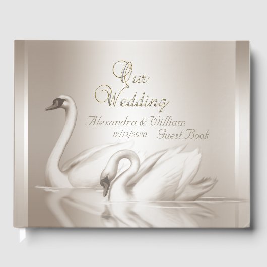D'or Livre d'hôtes Mariage Swans Damask Cream Blanc (Recto)