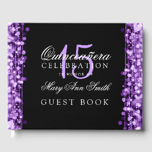 D'or Livre d'hôtes Quinceanera Party Sparkles Purple