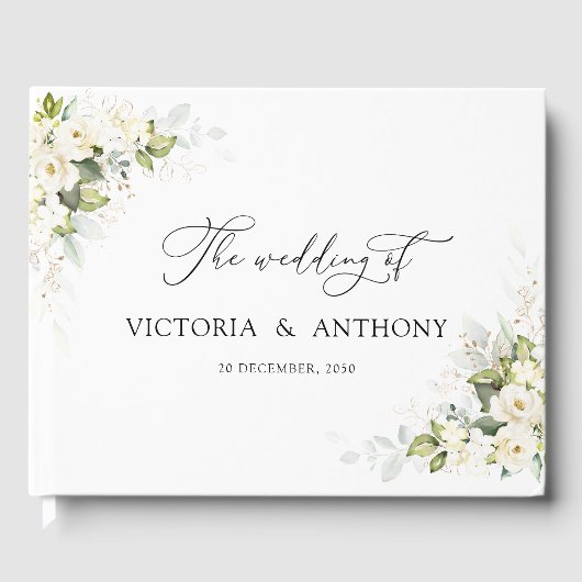 D'or Livre d'invité Mariage de Roses blanches vertes (Recto)