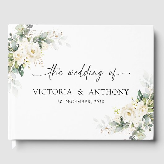 D'or Livre d'invité Mariage Floral Roses Blanches (Recto)