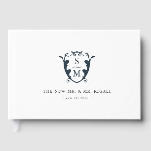 D'or Livre d'invité mariage Monogram Crest Navy Blue