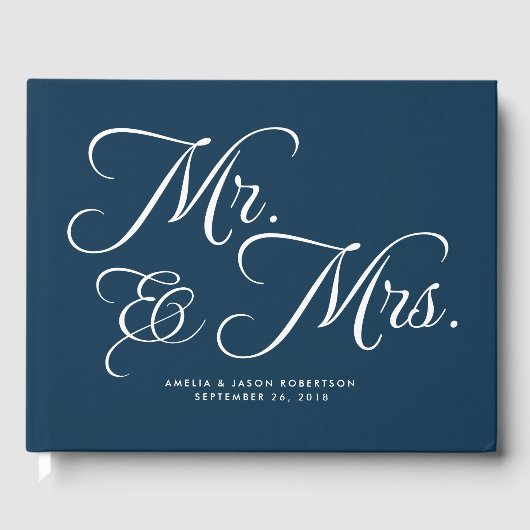 D'or Livre d'invité mariage, Mr & Mrs, Marine et blanc (Recto)