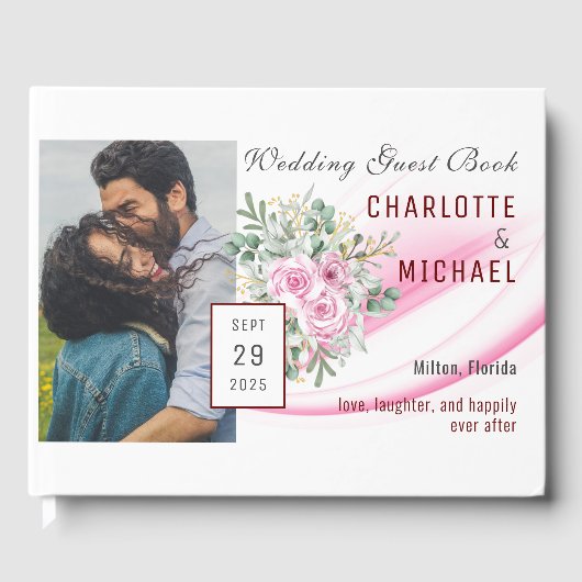 D'or Livre d'invité Pink Wave & Floral Mariage (Recto)