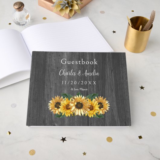 D'or Livre d'invité Rustic Patiné Mariage Sunflower (Recto ouvert)