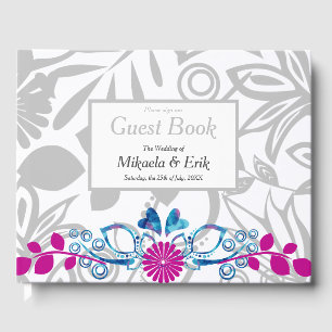 D'or Livre d'invités Pink Blue Grey Motif Floral