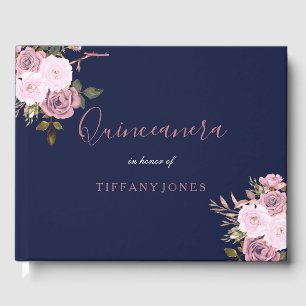 D'or Marine Blue & Rose Gold Floral Quinceanera Livre d