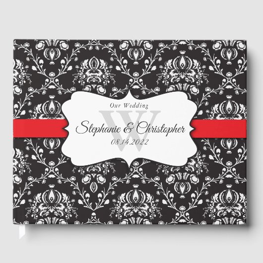 D'or Noir Blanc Damask Red Stripe Mariage Livre d'invit (Recto)